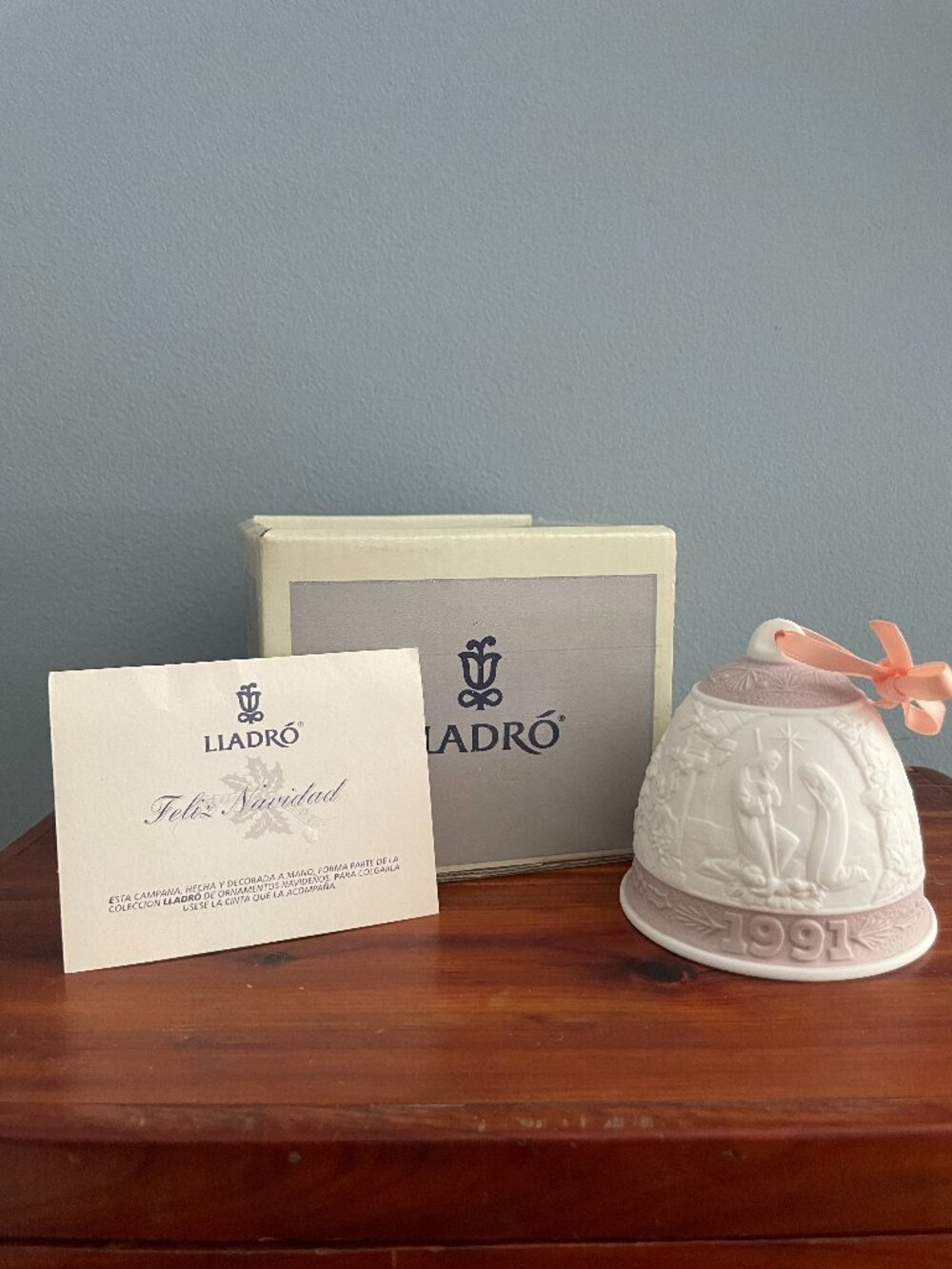 Lladro 1991 Christmas Bell Ornament Pink Nativity Holy Family